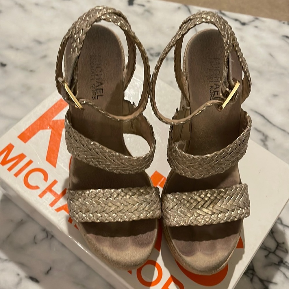 Michael Kors Juniper Gold Braided Espadrille Wedge Sandal
